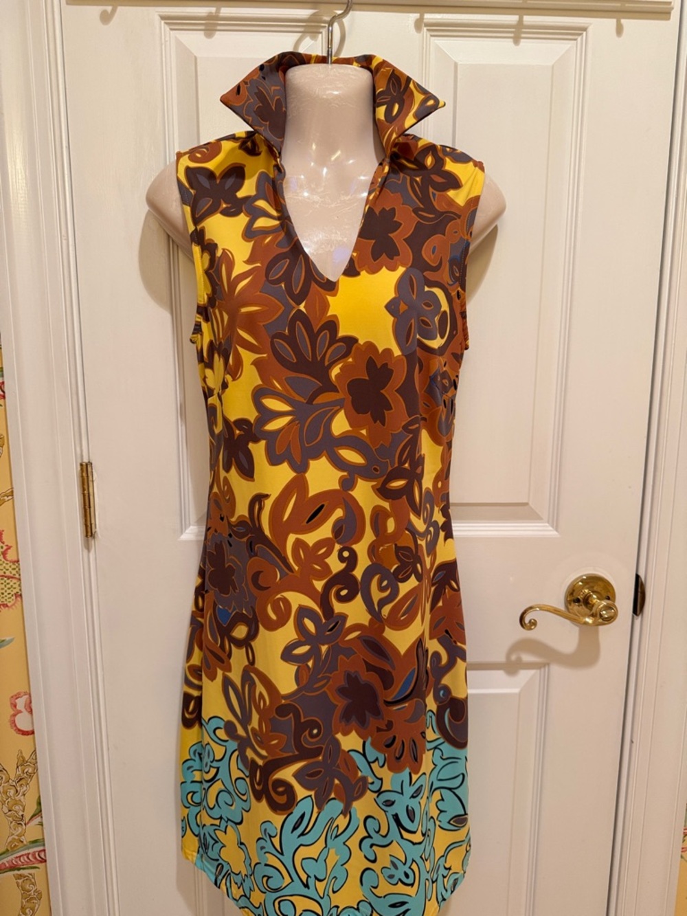 Aryeh Yellow Brown Floral Sleeveless Shift Dress with Teal Accents